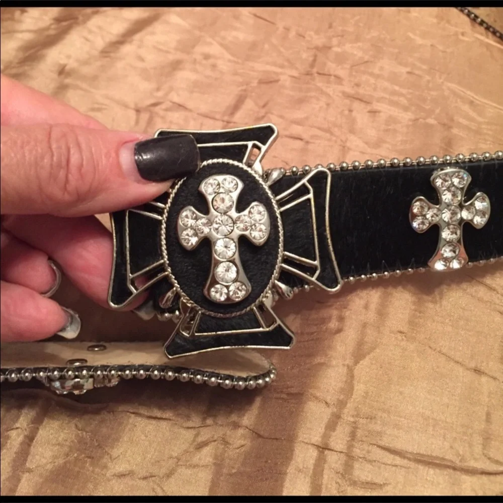 Black Cowhide Leather Belt With Silver And Crystal Cross Embellishments